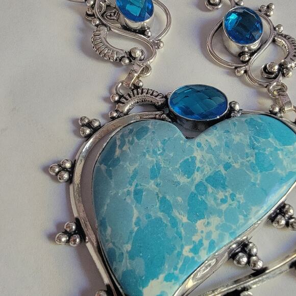 Sterling Silver Blue Howlite Heart Necklace Set With Blue Topaz Earrings - Picture 2 of 10